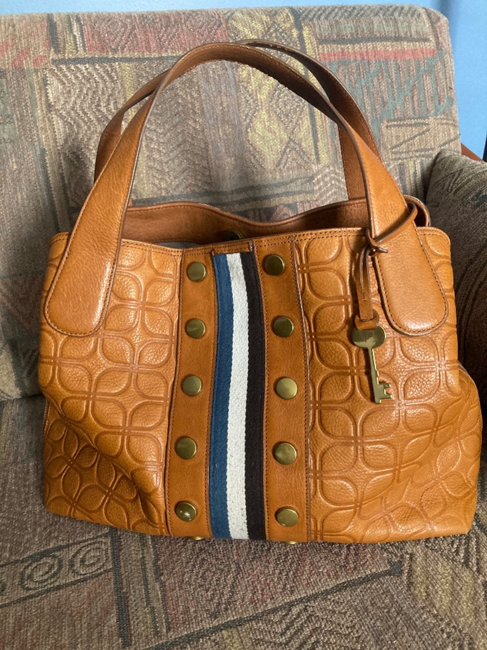 Fossil Cognac Leather Hobo with Navy and White Stripe